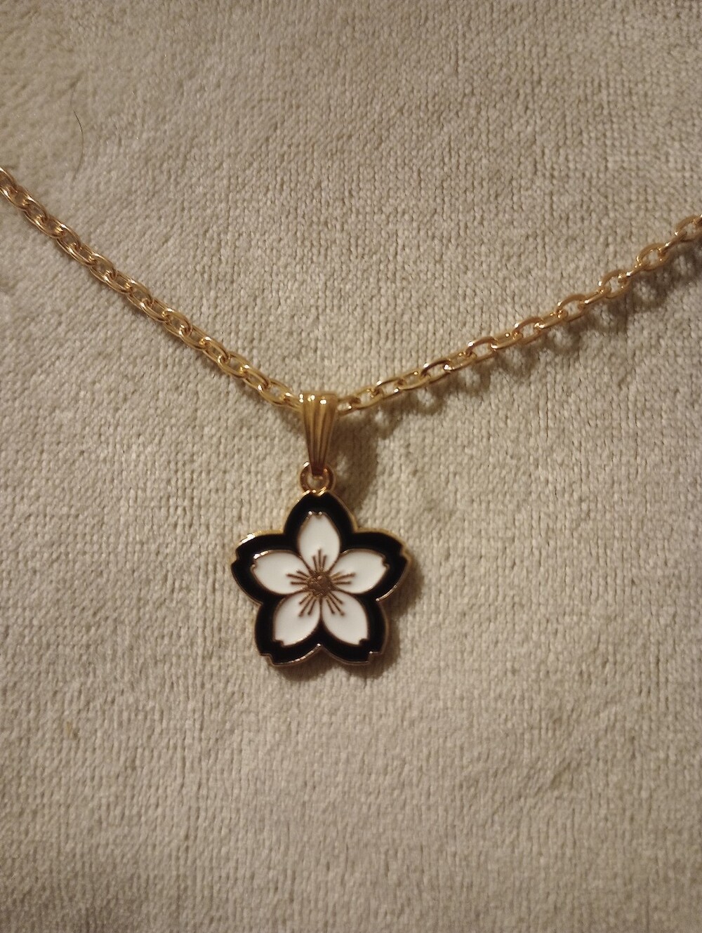 Gold Floral Enamel Pendant Necklace - White and Black